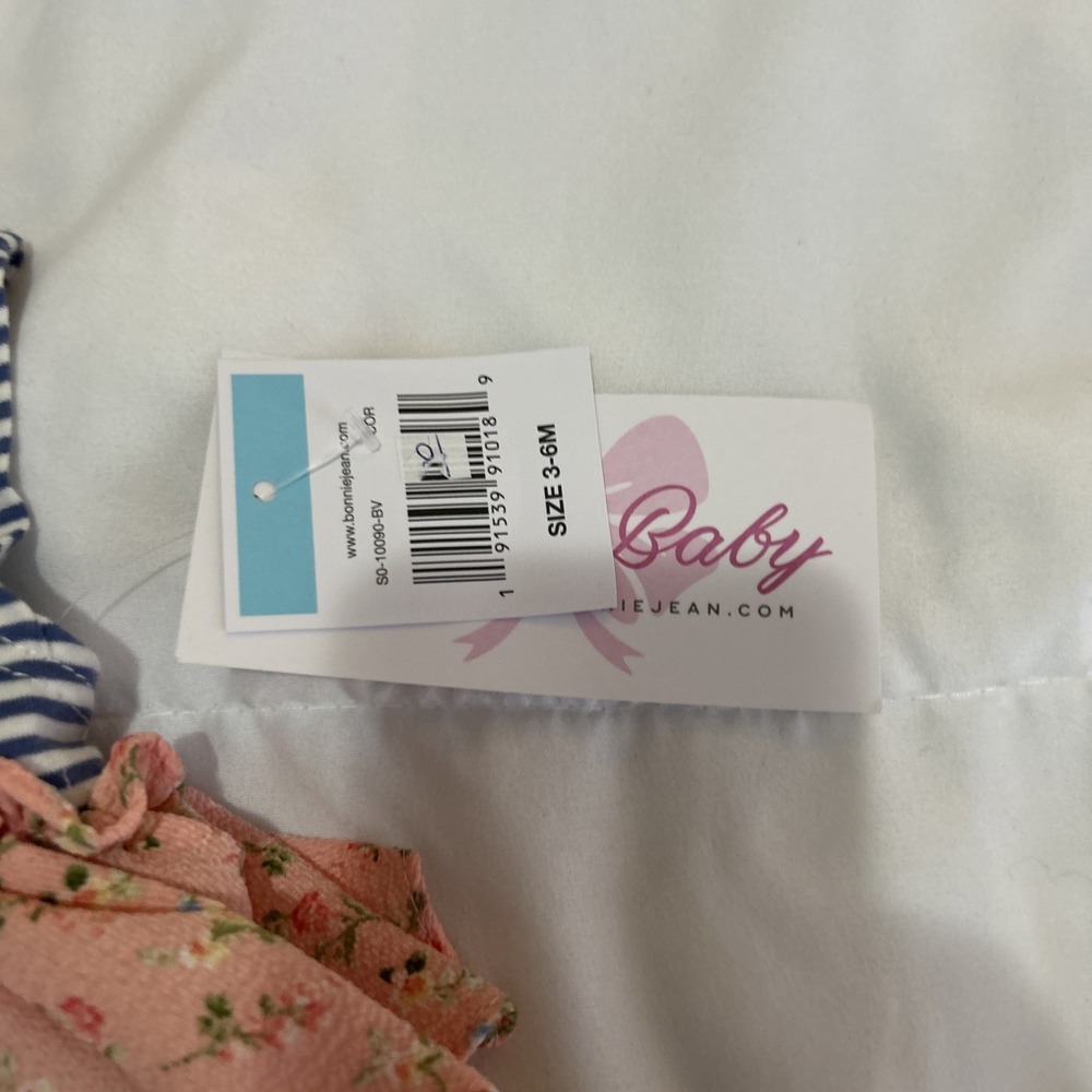 Bonnie Baby Flare Navy Striped Tulle Bow Dress Floral 3-6M Sleeveless - Picture 3 of 5